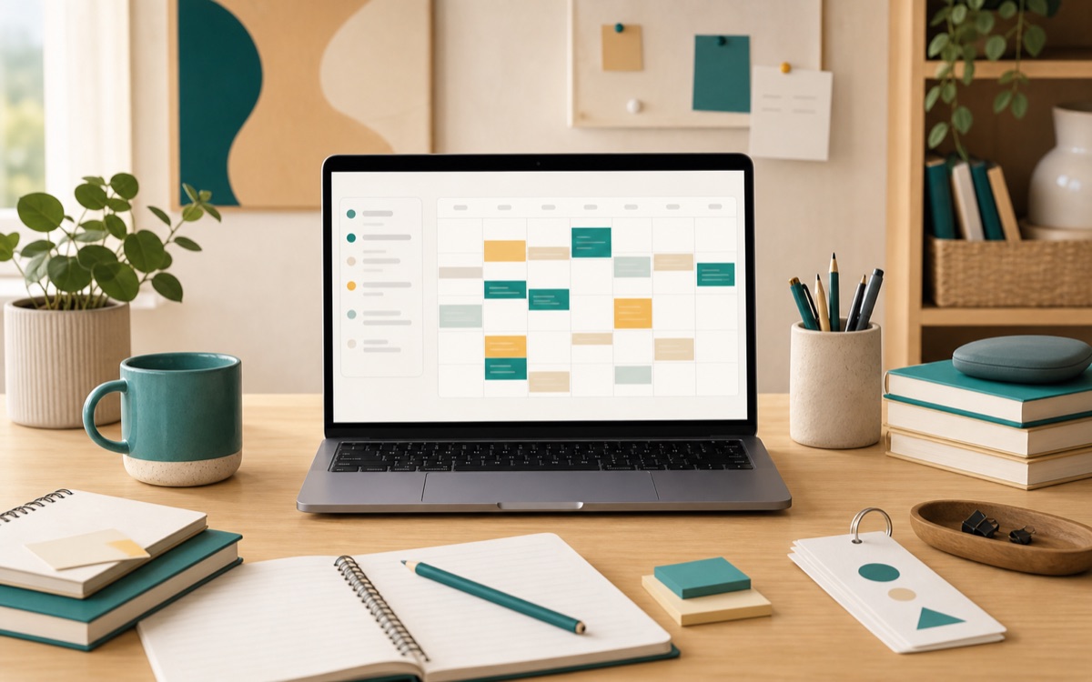 A tidy tutor desk with an abstract weekly calendar on a laptop.