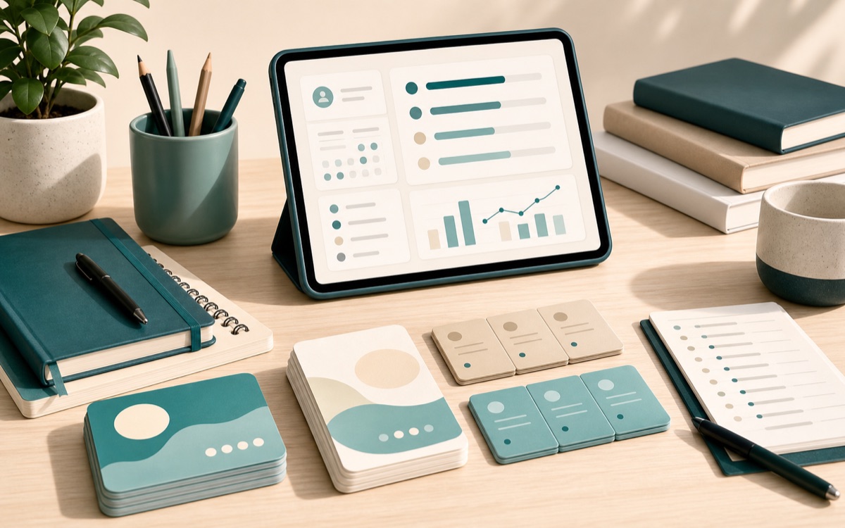 A tablet dashboard with abstract lesson package cards and progress bars.