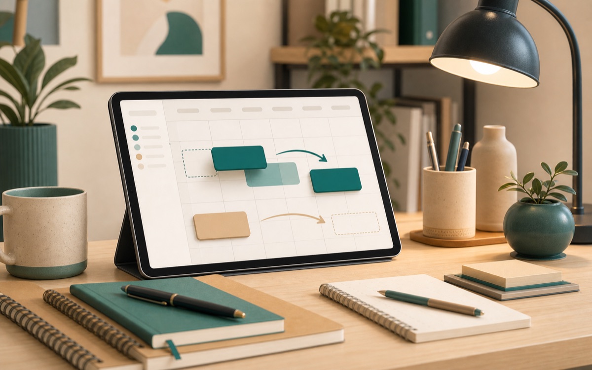 A tablet calendar with abstract class blocks being moved to new times.